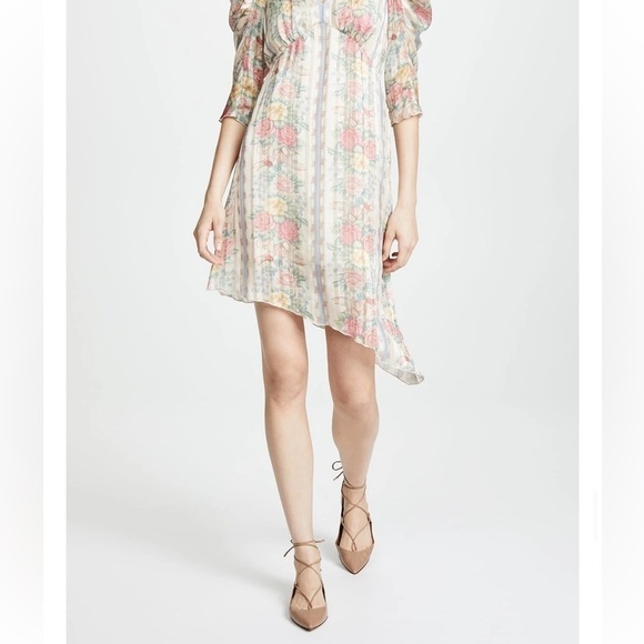 Anna Sui Whisper Rose Floral Striped Asymmetrical Puff Sleeves Cream Dress 6 - Picture 16 of 16